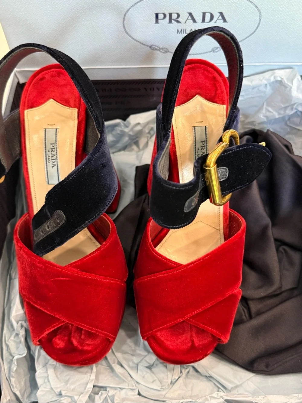 Prada Red Velvet Platform Sandal with Navy Ankle Strap - Picture 2 of 11
